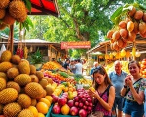 Proef de tropische vruchten op de markten van Bangkok