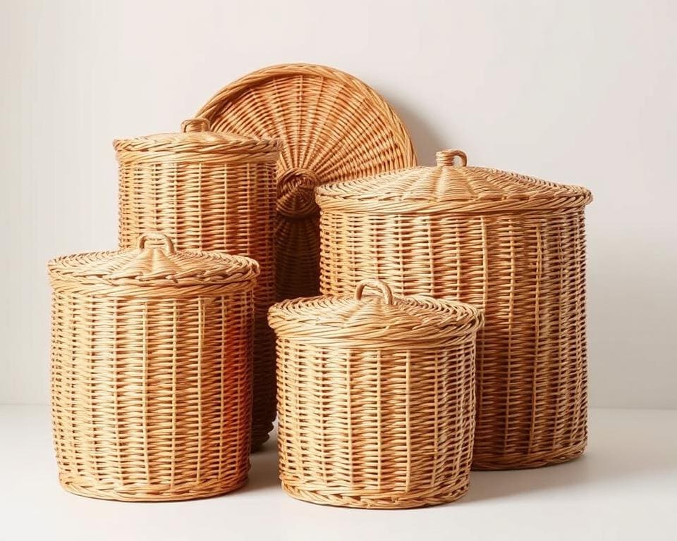 Rieten opbergmanden met een dubbele deksel