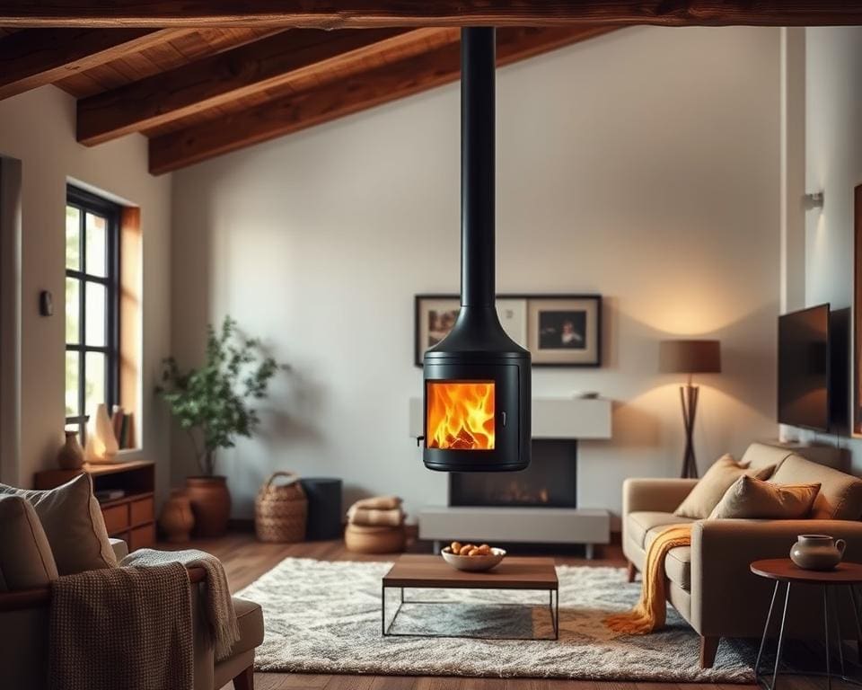 interieurmatching hangende houtkachel